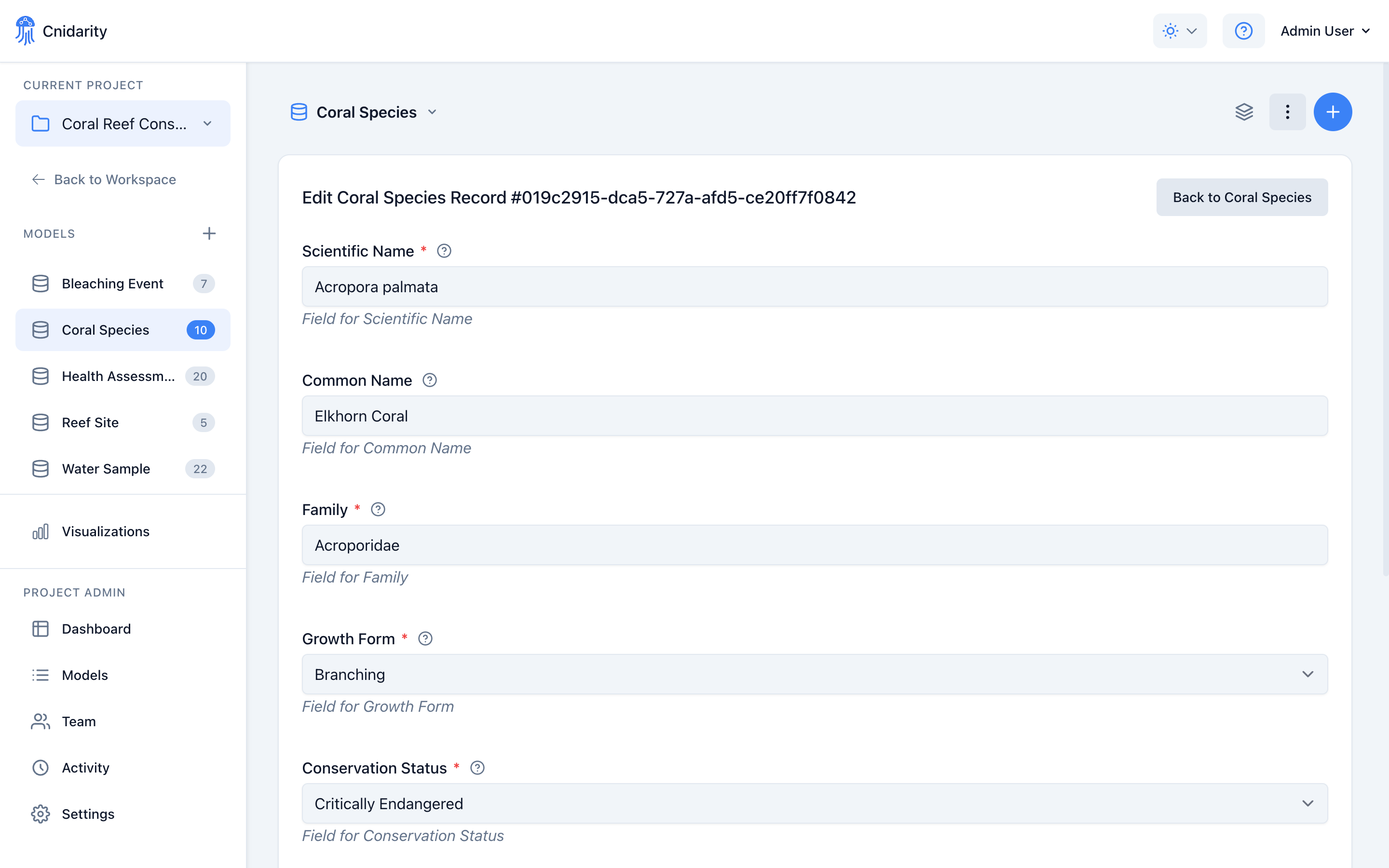 Cnidarity custom data entry form for lab experiments with validation