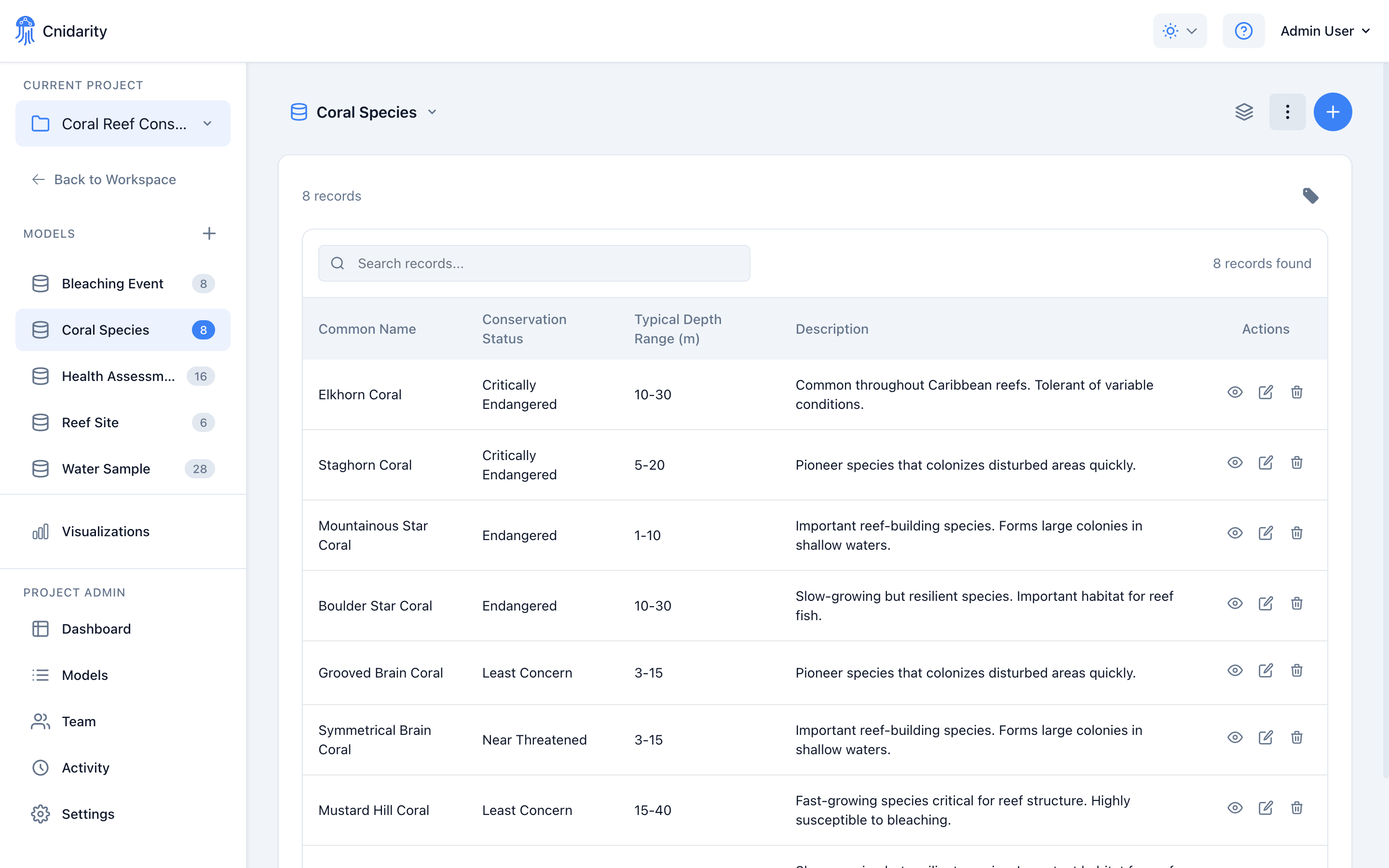 Cnidarity lab data management showing experiments and samples in organized records table