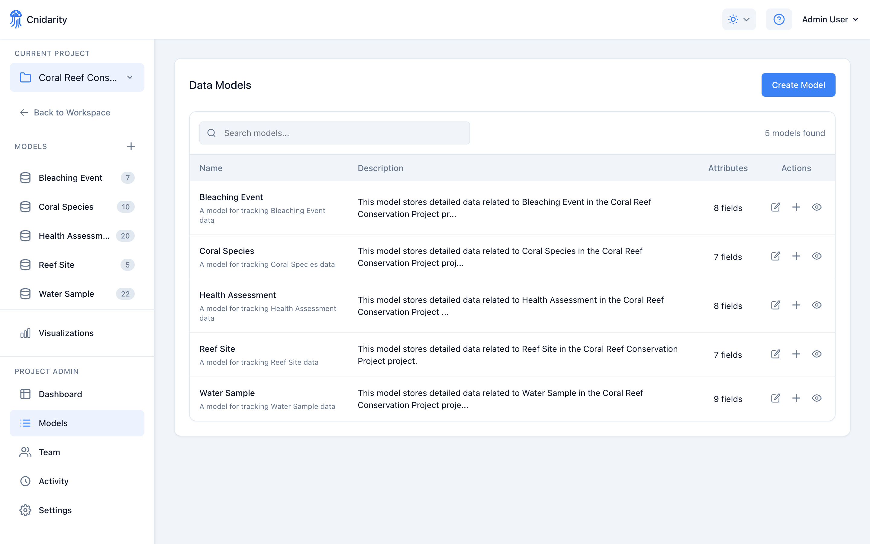 Cnidarity research database showing custom data models for experiments, samples, and field sites